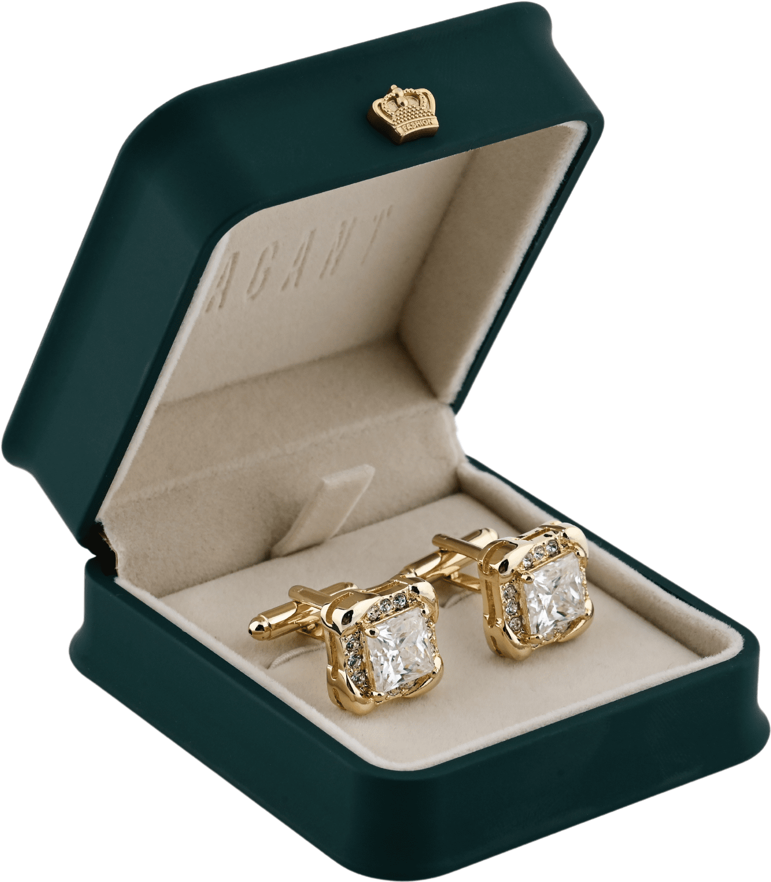 Premium White Cufflinks With Princess-Cut Stone and Gold Frame
