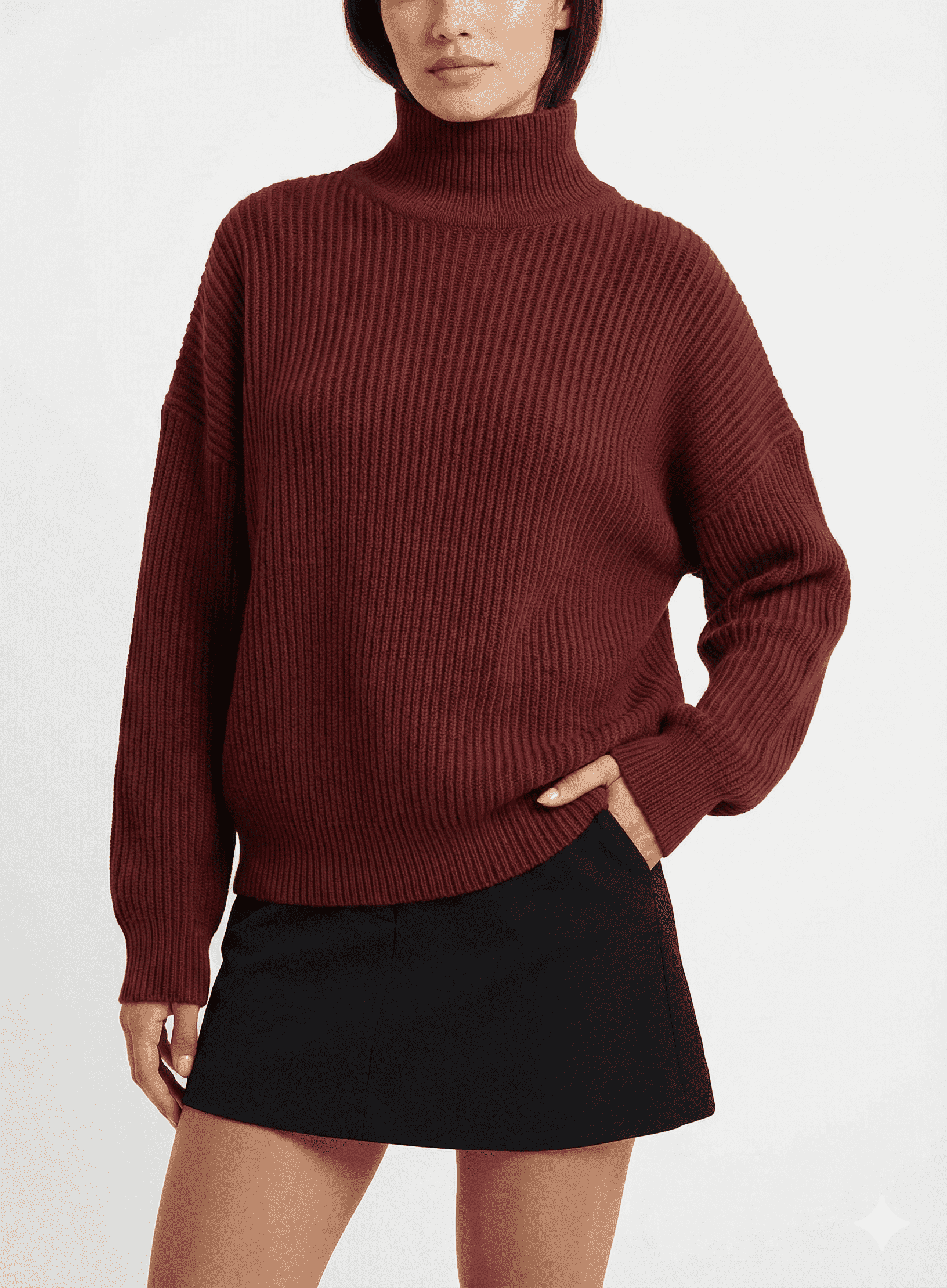 Latest Burgundy Ribbed High-Neck Oversized Sweater