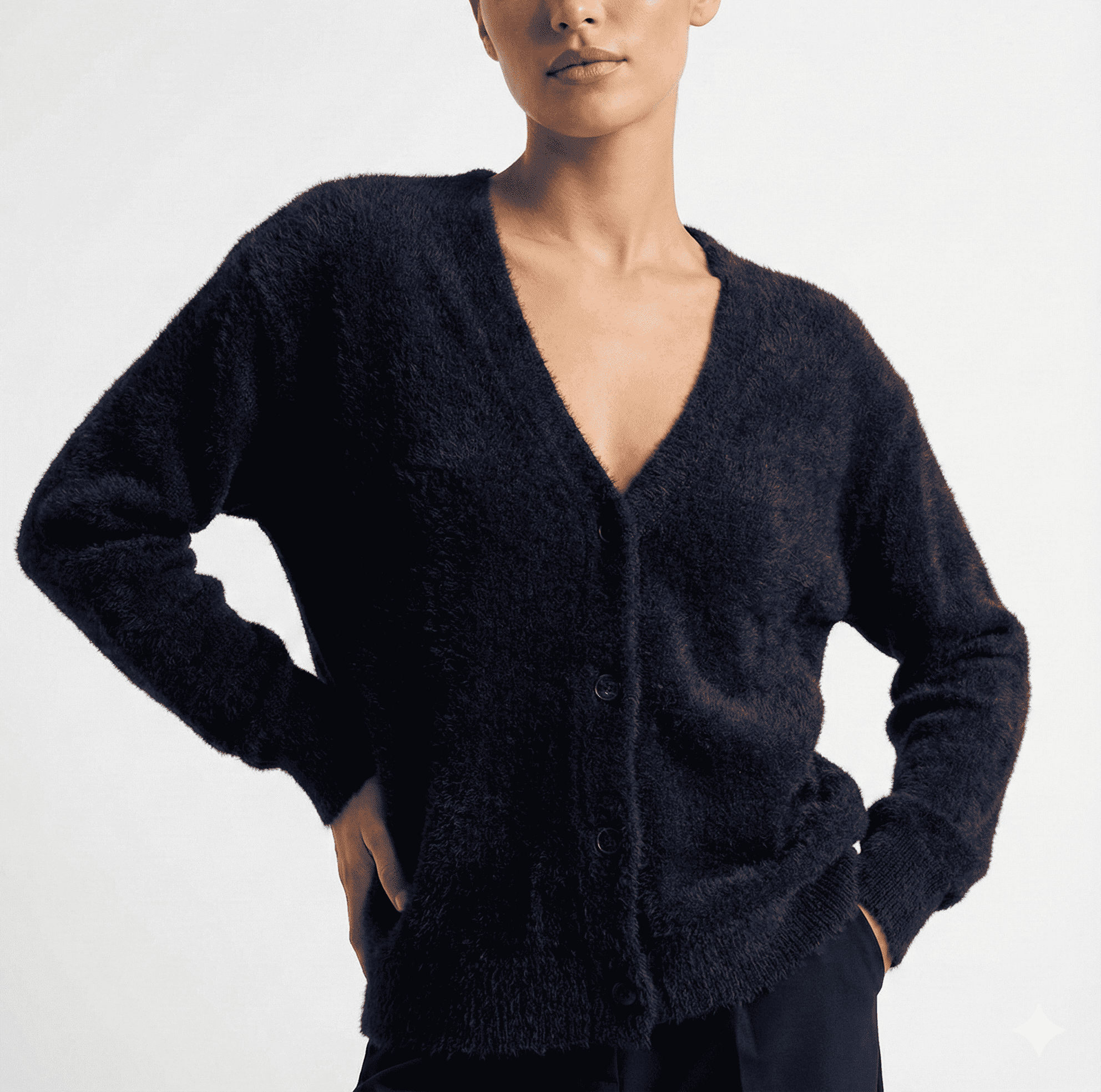 Black V-Neck Buttoned Fuzzy Cardigan