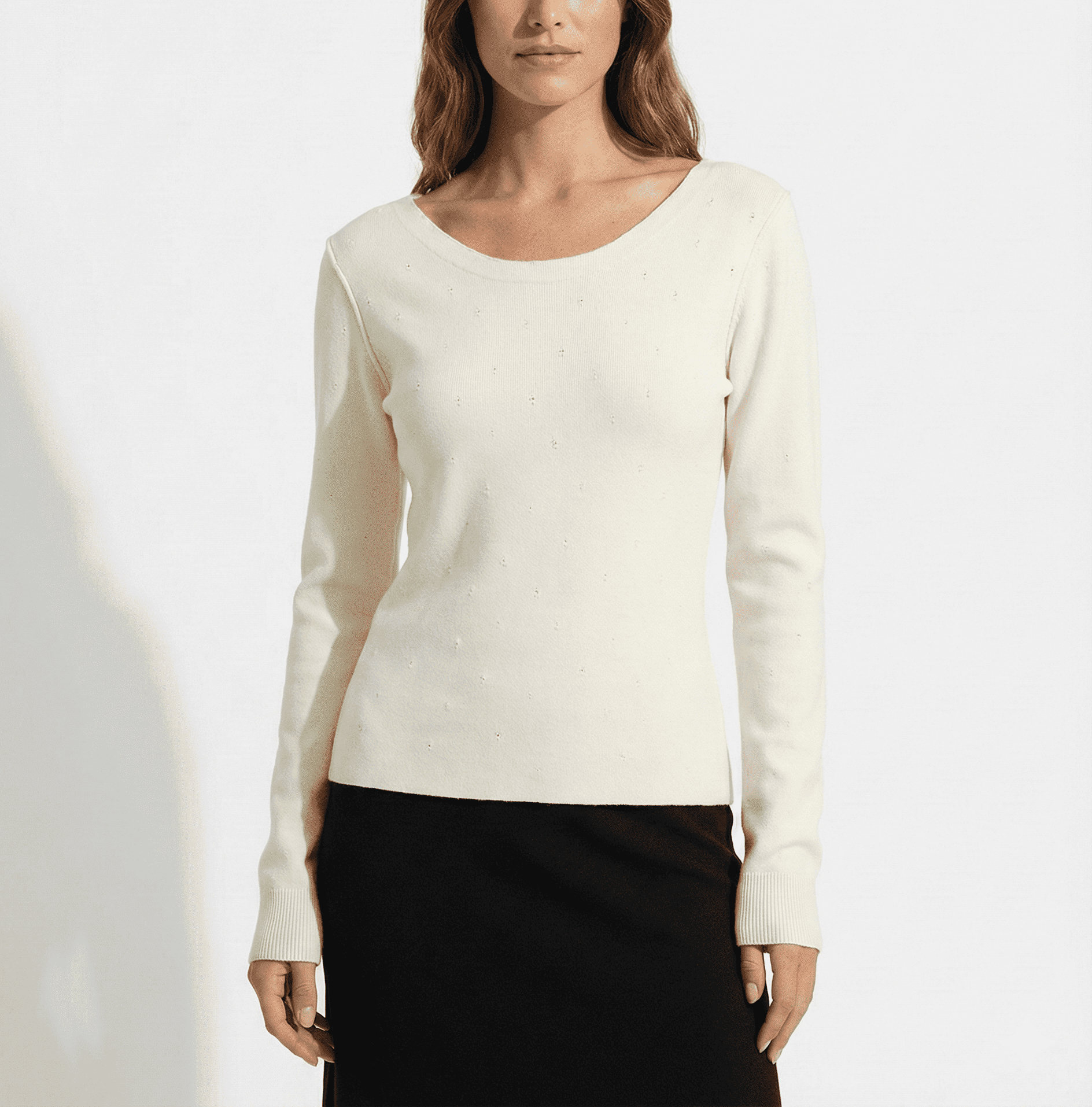 Stylish Ivory Cropped Long-Sleeve Knit T-Shirt – Latest Collectio