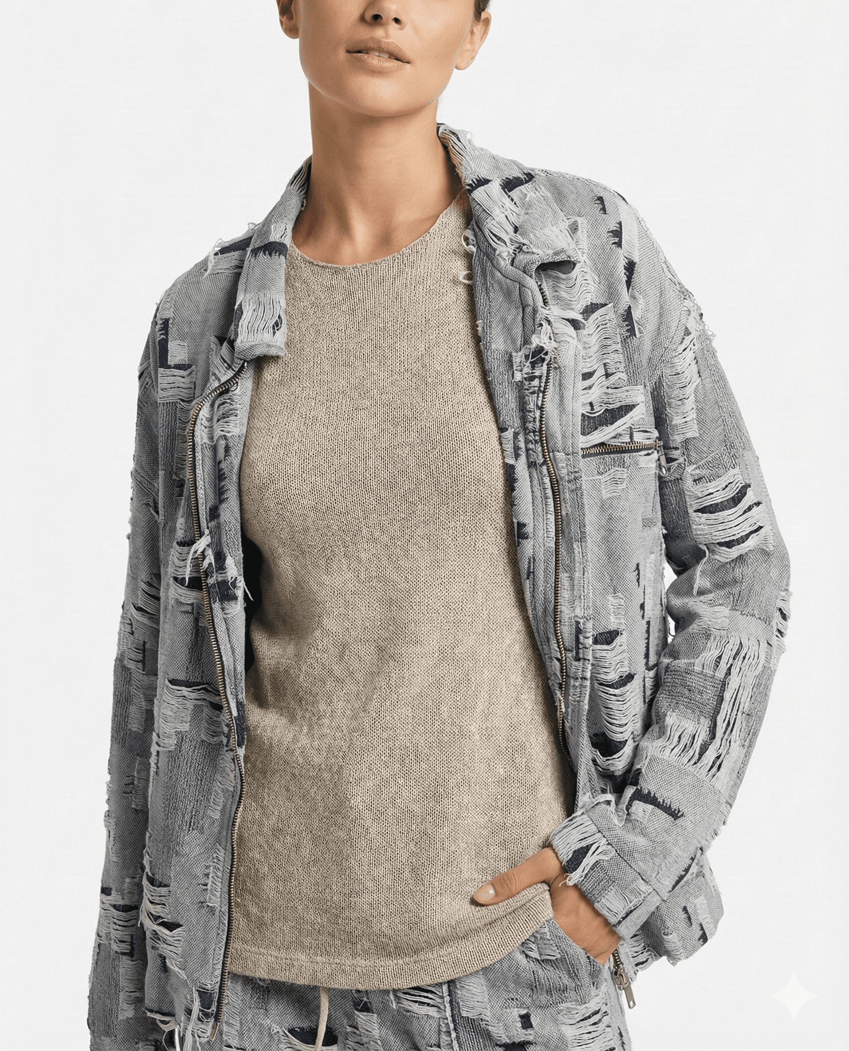 Grey Distressed Denim Jacket with Inner Tee
