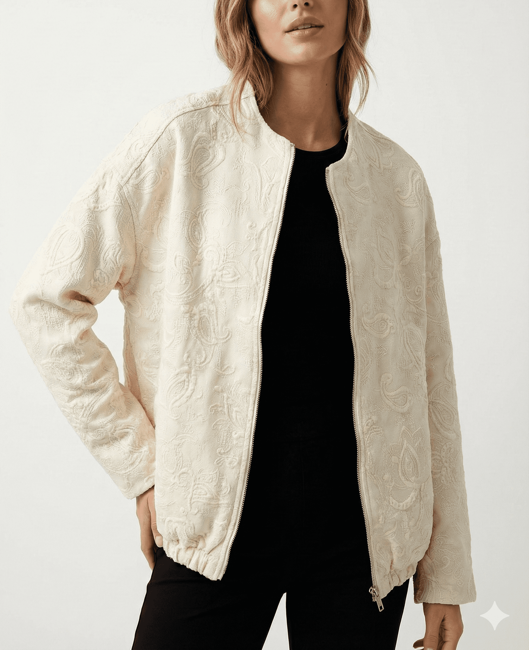 Cream Embroidered Bomber Jacket