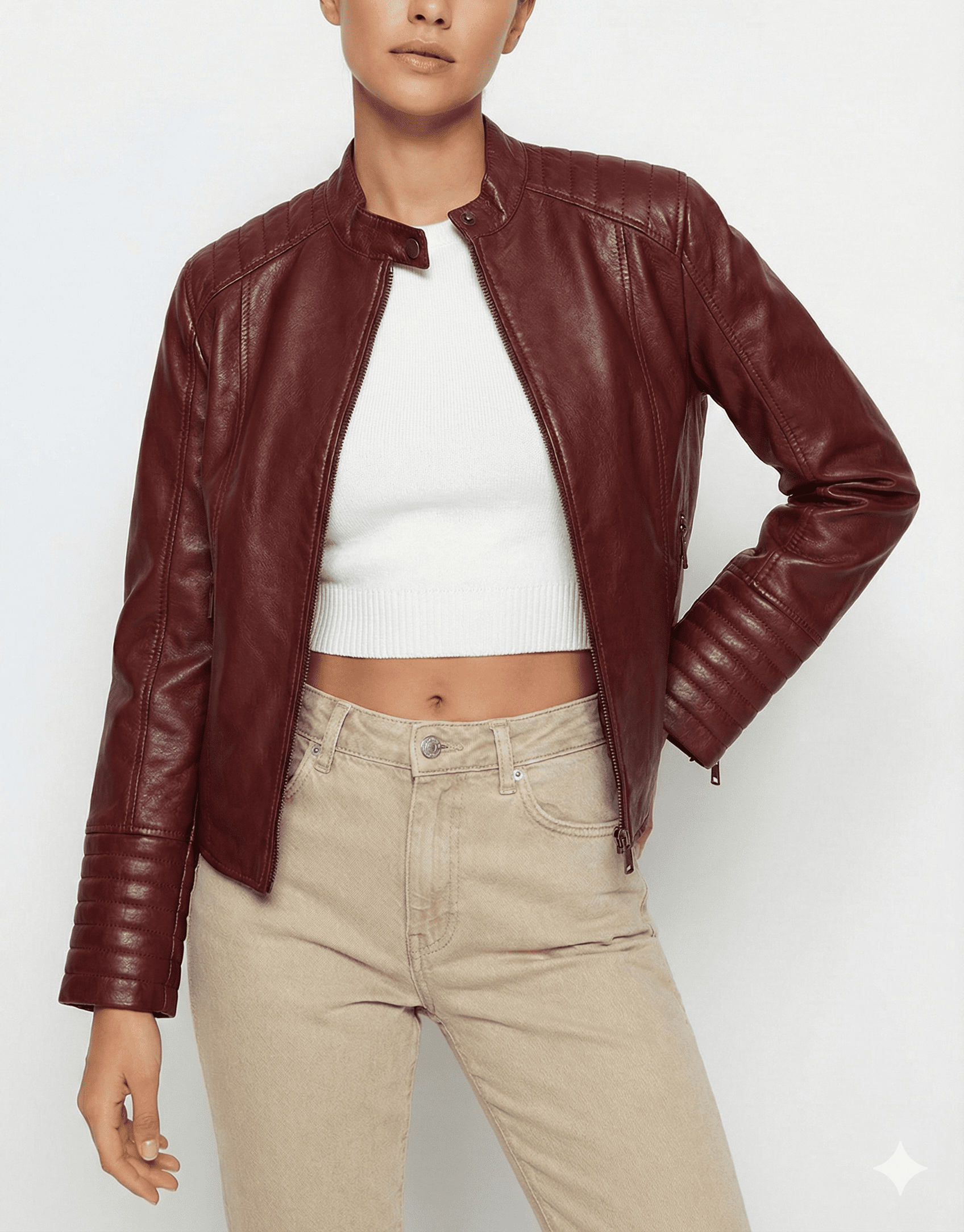 Burgundy Quilted Panel Leather Jacket