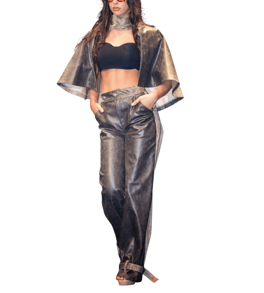Brown Cropped Leather Short-Sleeve Jacket