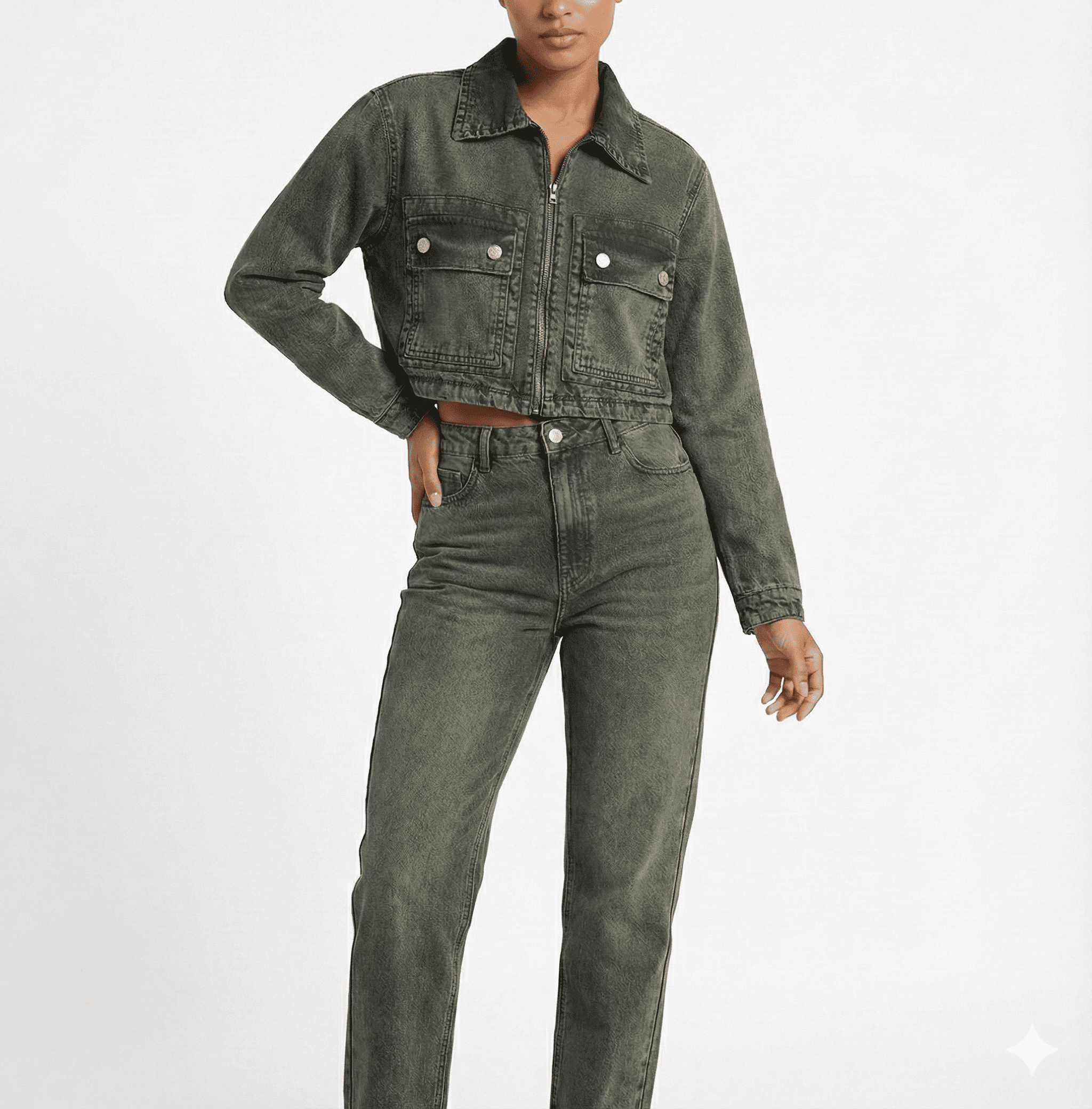 Stylish Washed Olive Cropped Denim Jacket