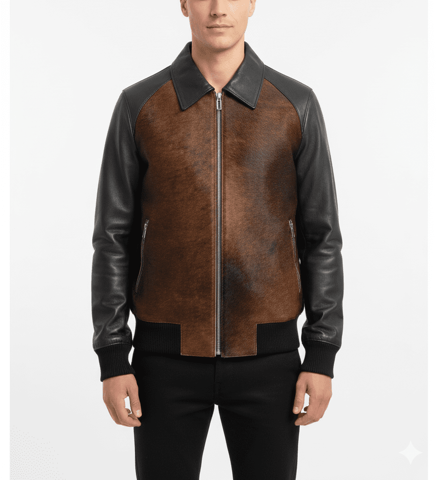 Two-Tone Brown and Black Leather Bomber Jacket | Elegant Fashion