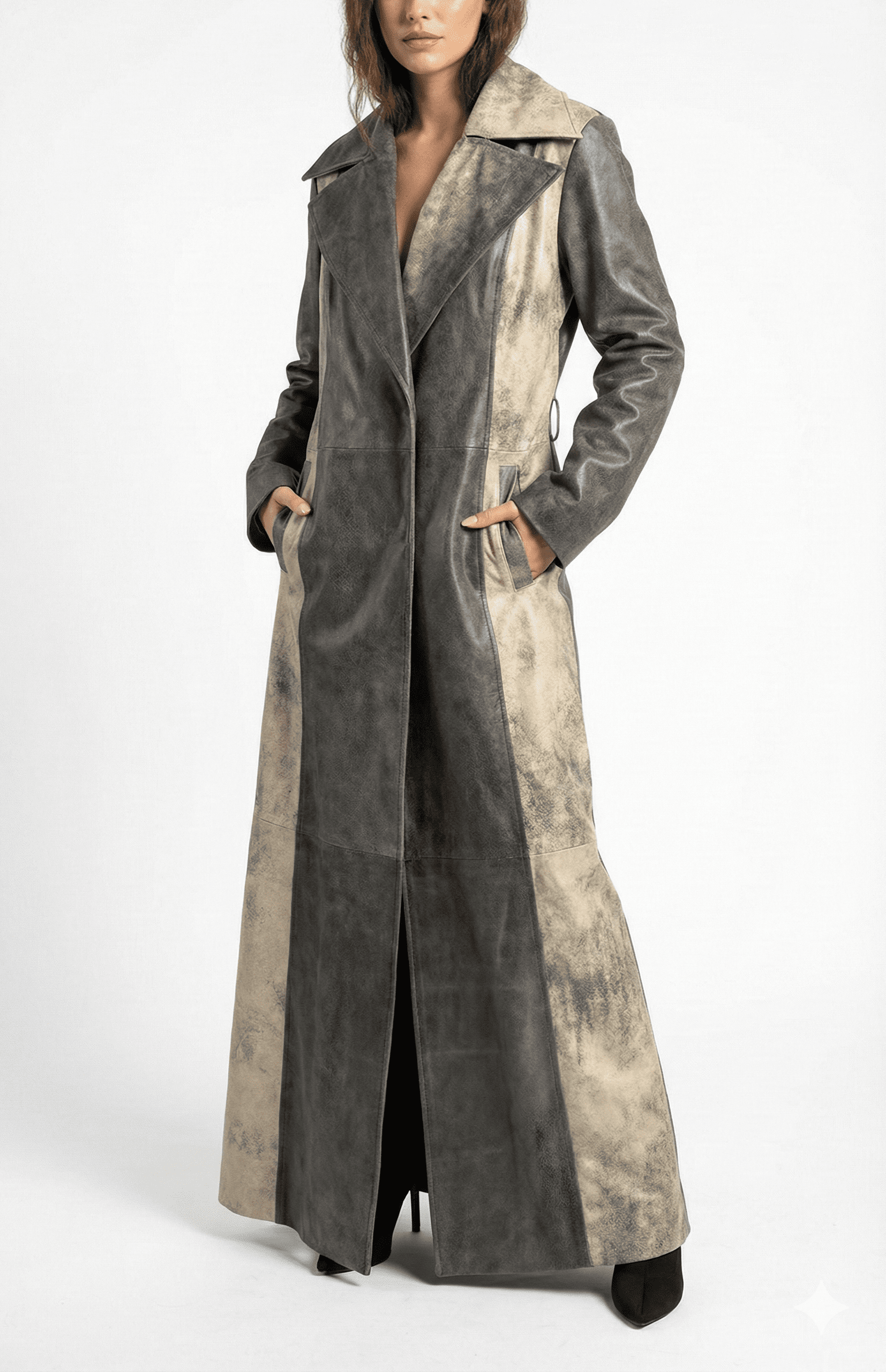 Two-Tone Distressed Longline Leather Coat