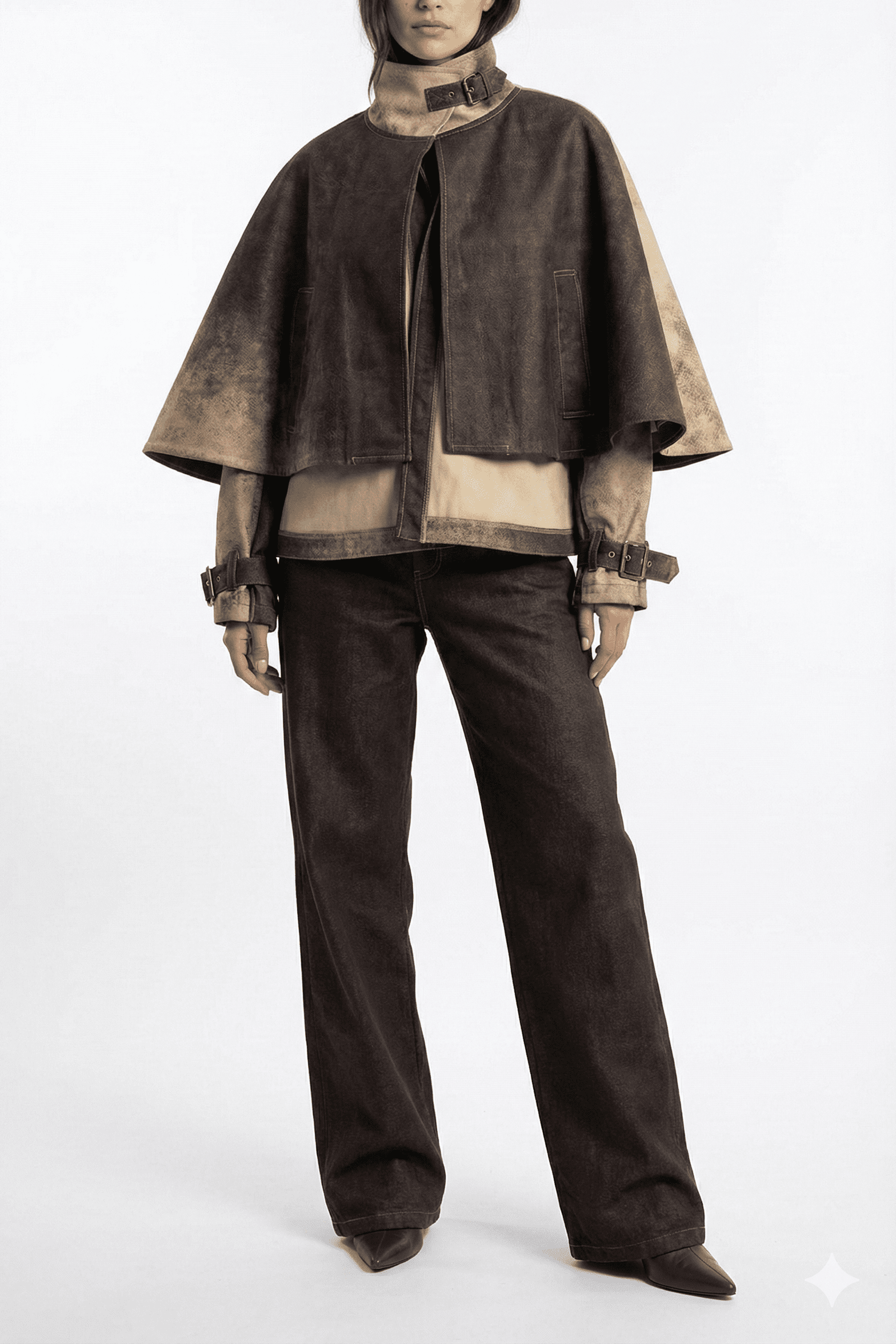 Premium Two-Tone Distressed Cropped Leather Cape Jacket UAE Onlin