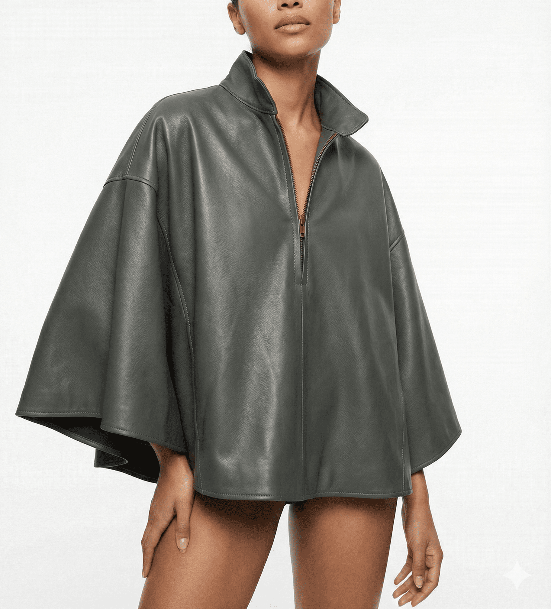 Best Price Olive Green Cropped Half-Zip Leather Top