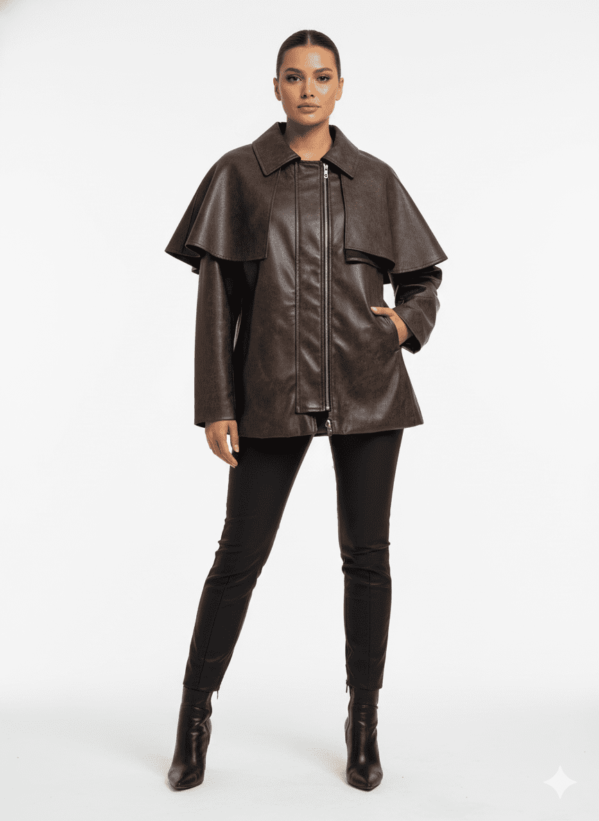 Latest Dark Brown Distressed Leather Cape Jacket