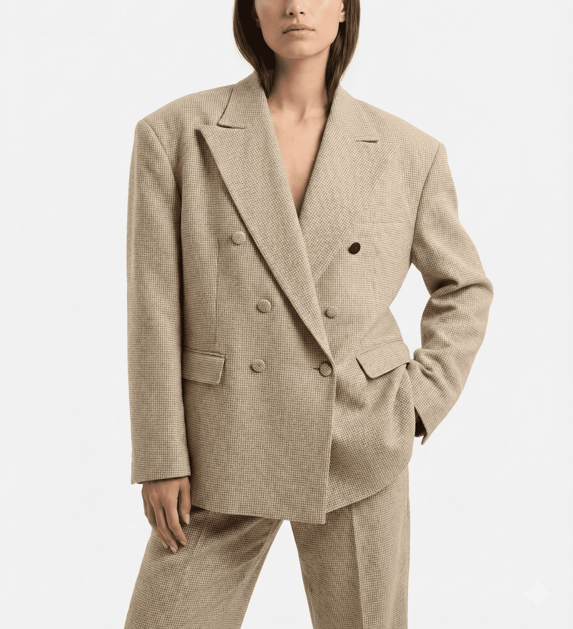 Sand Beige Double-Breasted Structured Blazer Set