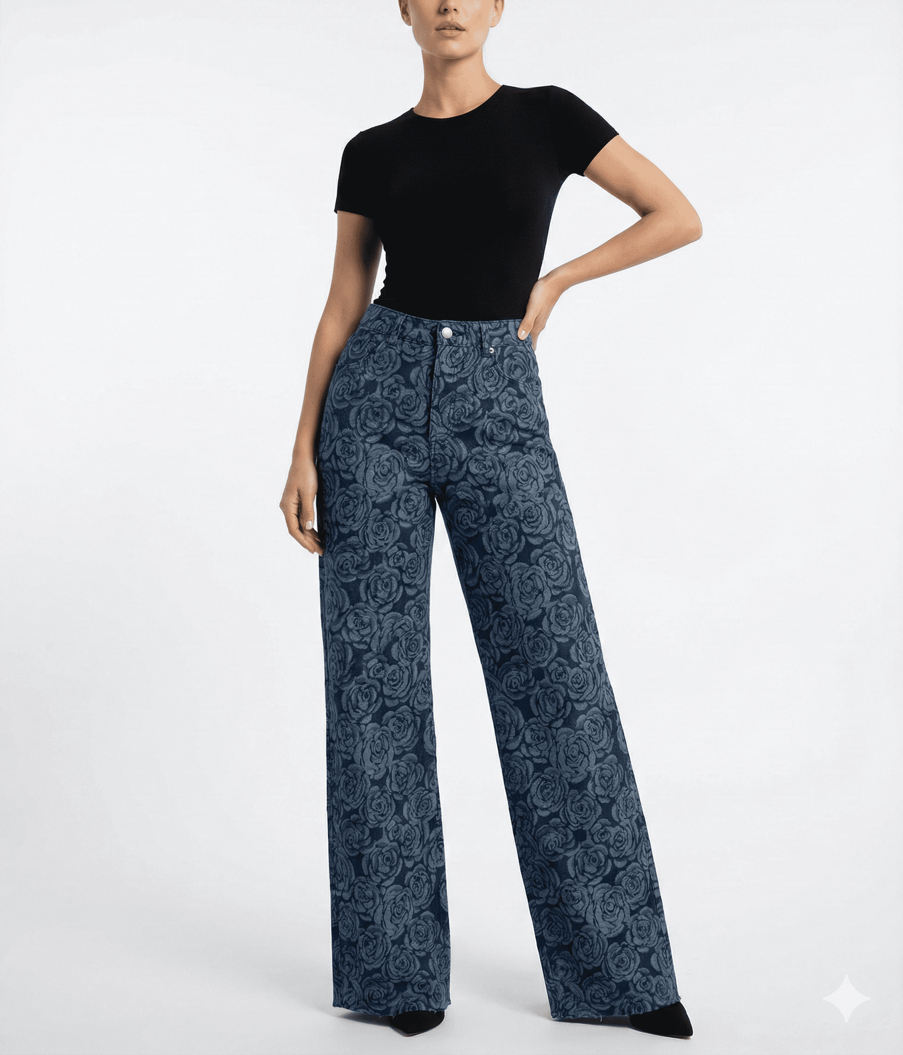 Premium Blue Jacquard Floral Wide-Leg Pants