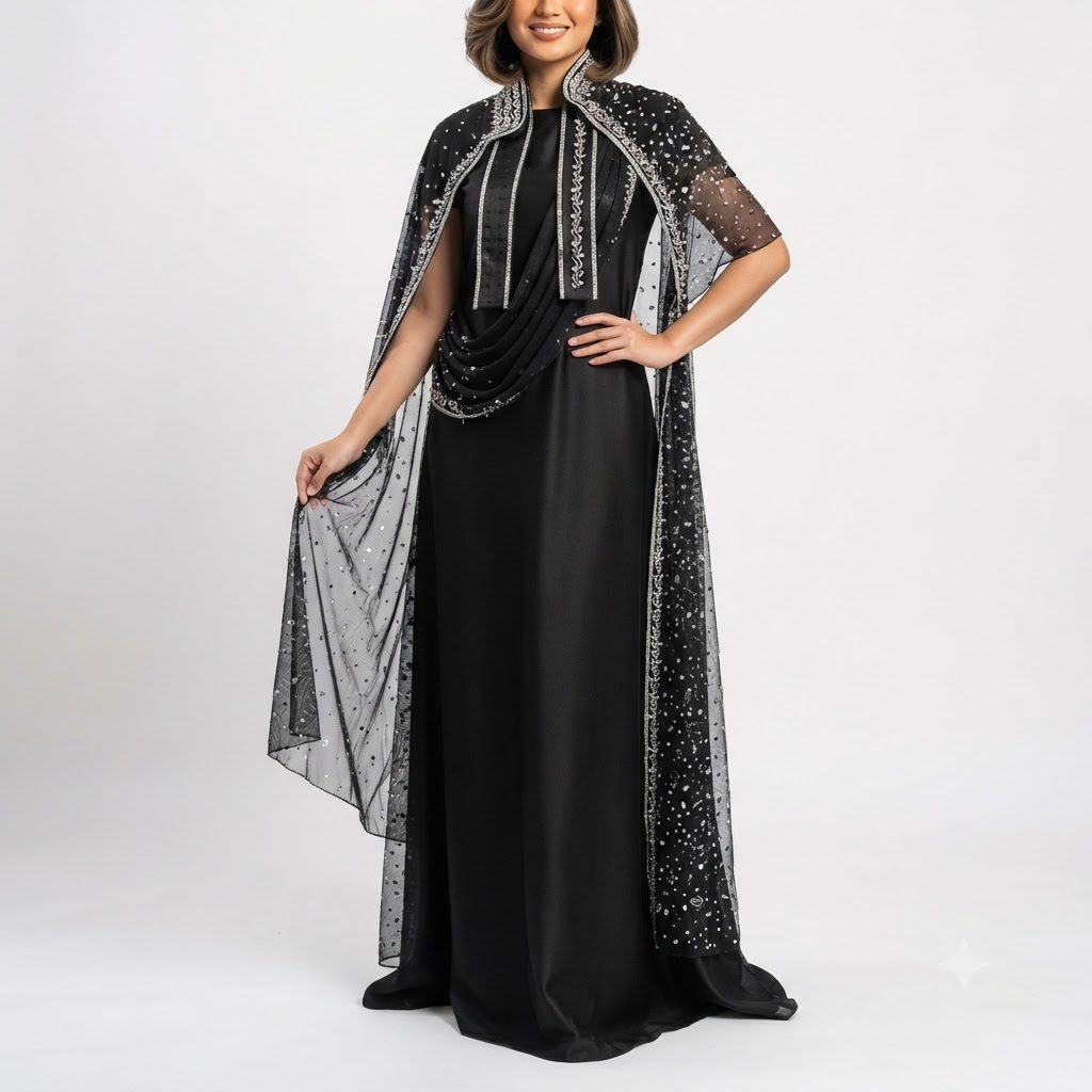 Black Sequin Cape Kaftan