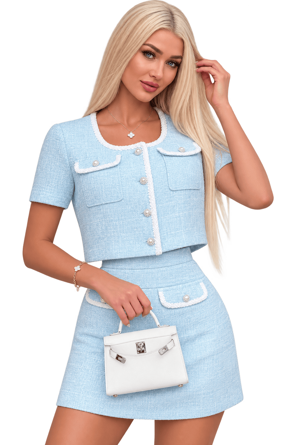 Sky Blue Tweed Two-Piece Skirt Set